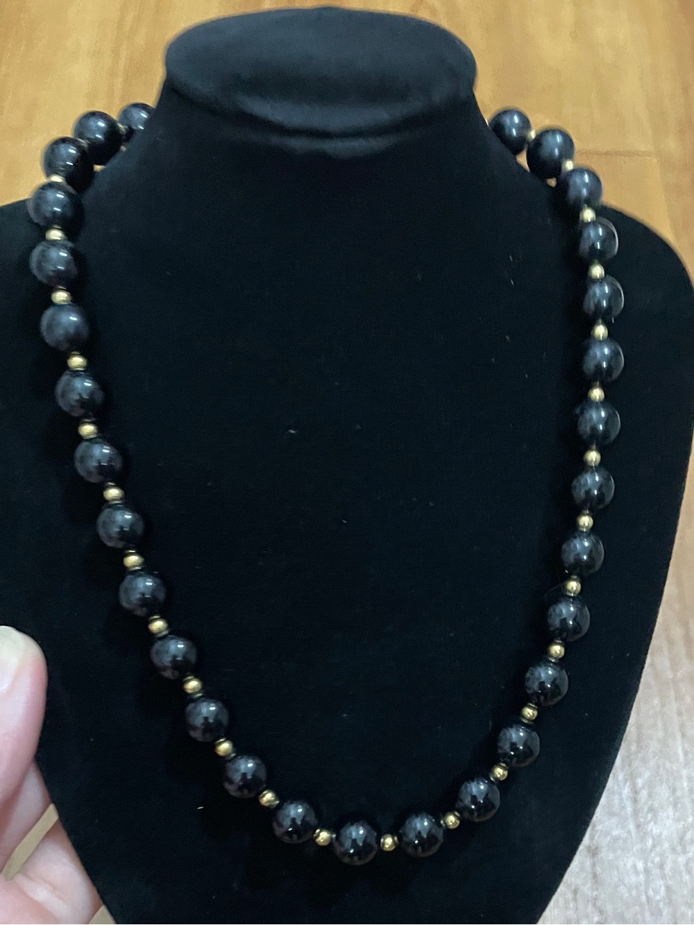 Vintage Monet Black Beaded Necklace with Gold Accent Beads